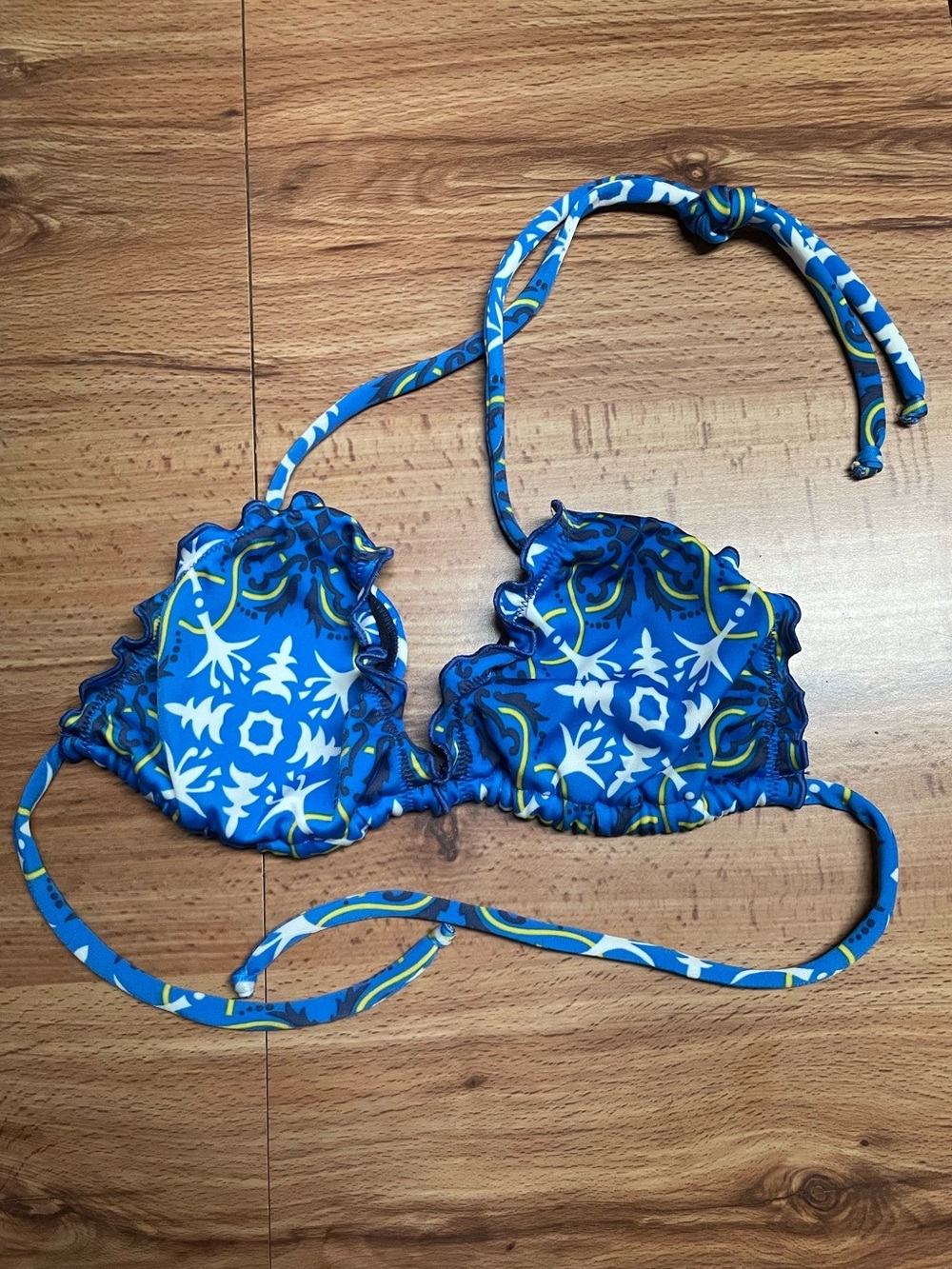 Blue & White Print Lettuce Trim Triangle Bikini Top Swim Women